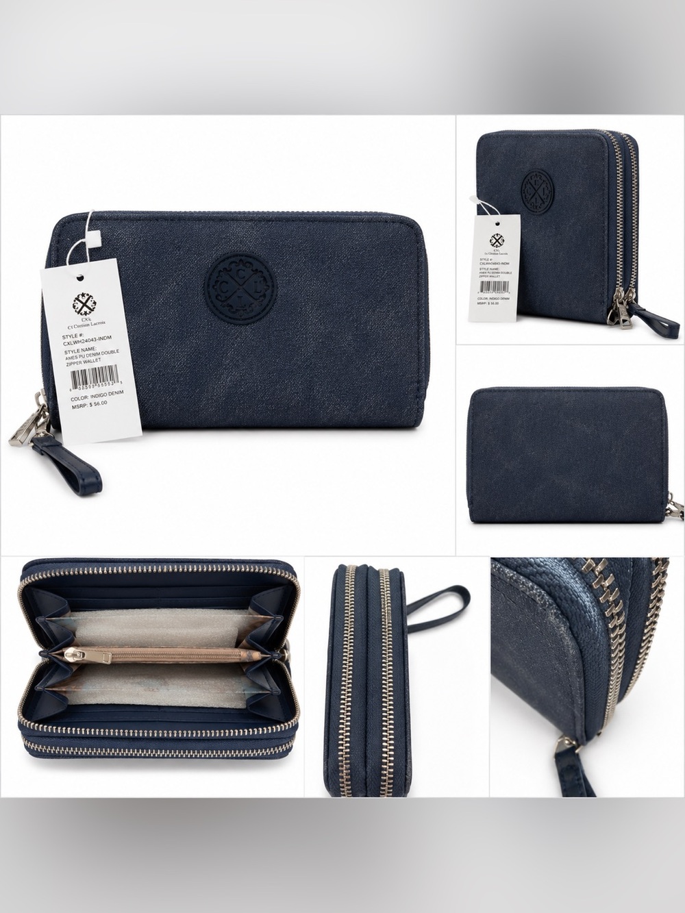 CXL by Christian Lacroix Ames Double Zip Wallet Indigo Denim PU Leather NWT